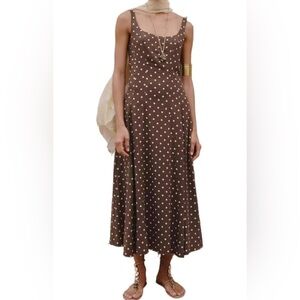 Brown Polka Dot Midi Dress Elegant Square Neck Open Back Brown